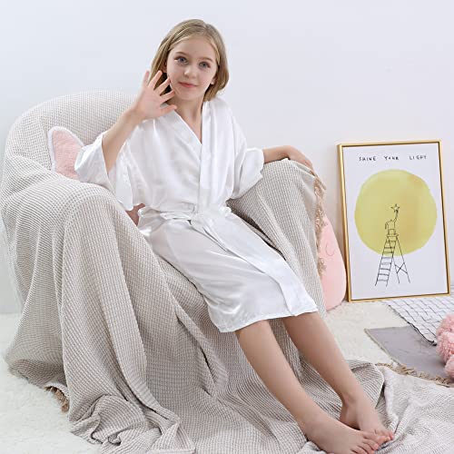 Morforu Clear Rhinestones Flower Girl Silky Satin Kimono Robe Solid Color Kids Robes For Wedding Spa Party, Short (White, Tag 6) #TOP4