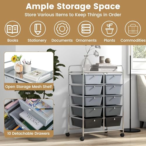 Image of LDAILY 10 Drawer Rolling Cart, Storage Cart Organizer on Wheels, Drawer Cart with Metal Frame & Large Storage Capacity, Rolling Cart with Drawers for Living Room Classroom, Office