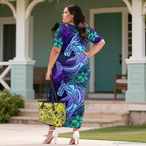 Image of Polynesian Dress for Women Short Sleeve High Waist Maxi Skirt | Puletasi dress, t-shirt and skirt two-piece, elastic material, lightweight, soft, plus size, luau party, wedding, clubwear