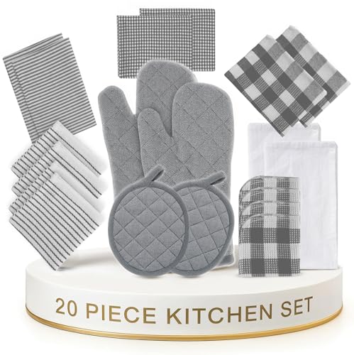 Image of LANE LINEN Kitchen Towels and Oven Mitt Set 20 Pc - Lint Free Cotton Dish Towels for Kitchen Drying, Cozy Terry Dish Rags, Flour Sack Towels for Sourdough Bread Proofing & Quilted Pot Holders - Grey