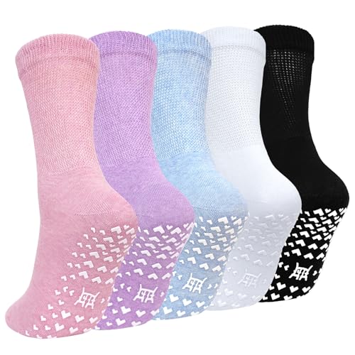 Image of CaiDieNu Non Slip Socks for Women: Non Skid Grip Socks for Elderly Hospital | Non Binding Grippy Crew Slipper Socks for Pregnant & Daily Wear, Wide Grippers Prevent Falls, Great Gifts for Seniors 5 Pairs
