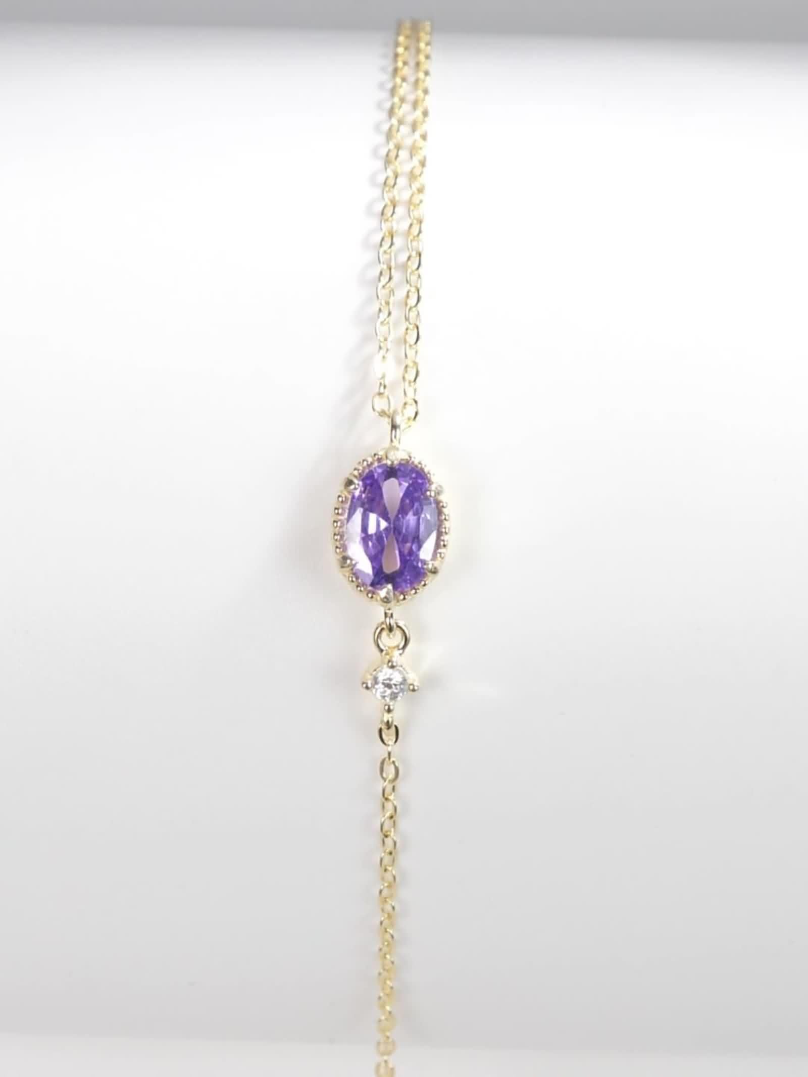 Pulseras para mujer de oro de 9 K/14 K/18 K, clásicas pulseras pequeñas con amatista lila, talla ovalada, joyas auténticas, brazaletes con diamantes de oro amarillo Au 375/585/750