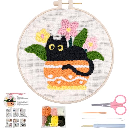 Image of Louise Maelys Cat Plant Pattern Embroidery Kit for Beginners | Pre-Printed Fabric, Hoop, Rug Handle Pen, Yarns. Cross Stitch Kits with Cat Design. DIY Needle Point Kits