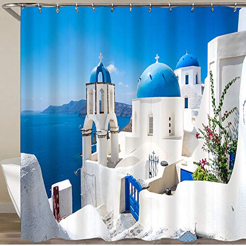 YOUMEISU Rideau de Douche,Coucher de Soleil Bleu Grèce Vue panoramique des Maisons Blanches des Cyclades Santorin Parcs Oia Méditerranée Grecque,Large Choix de Beaux Rideaux de Douche 180 * 180 cm Cover