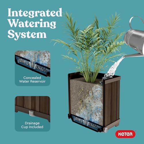 Image of Keter Signature 21.7 Inch Tall Rectangular Large Wood Look Planter for Indoor or Outdoor Flower Pot Ideal for Patio Deck and Front Porch Decor, Rosewood