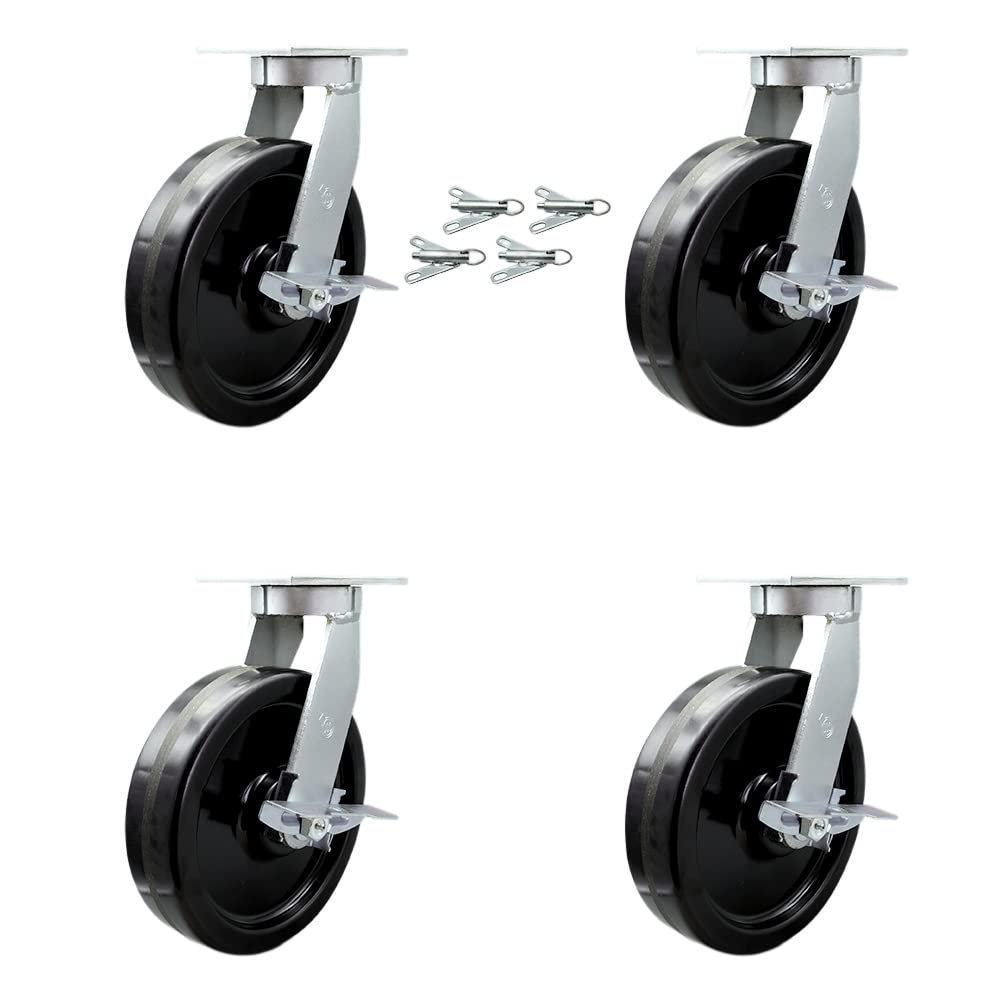 12 Inch Swivel Top Plate Caster Set Extra Heavy Duty Casters with Phenolic Wheels - Includes 4 Swivel with Top Lock Brakes and Bolt on Swivel Locks - Set of 4 - Service Caster Brand