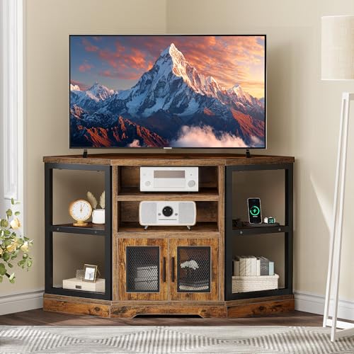 YITAHOME Corner TV Stand for TVs up to 50 Inch with Power Outlet, Modern Farmhouse Entertainment Center, Wood TV Media Console with Storage Cabinets Shelves for Living Room, Retro Brown