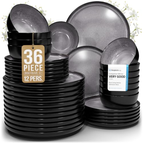 Image of 36 Piece Stoneware Dinnerware Set for 12, Handmade Plates and Bowls Set | Reactive Glaze Coating, Dishwasher & Microwave Safe Dish Set, Chip & Scratch Resistant Dishware Set, Ibiza Dark Gray