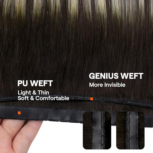 Image of Full Shine Butterfly Weft Human Hair Extensions 22 Inch 100g | Dark Brown with Platinum Blonde Highlights, Double Layer Weft, Fullness Boost, Office Daily Wear, Party Look, Easy Micro Bead