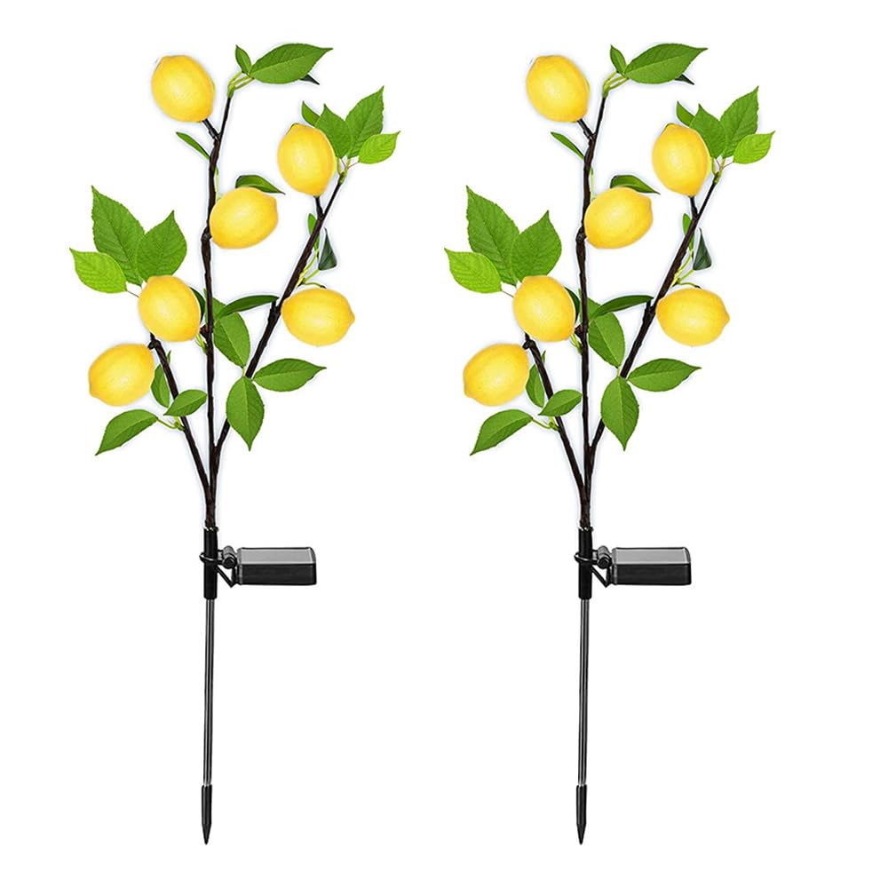 DINOWIN Outdoor Solar Garden Light, 2 Pack of Solar Flower Tree Lights with Realistic Lemon, Waterproof LED Decorative Light Outdoor Pile Lighting for Courtyard Garden Lawn Decoration (Lemon)
