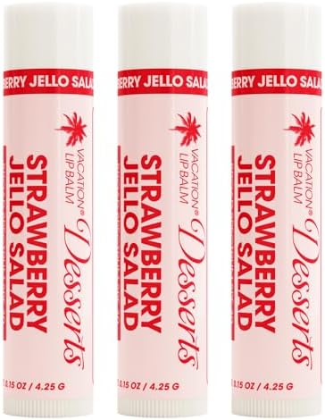 Vacation Strawberry Jello Salad SPF 30 Sunscreen Lip Balm 3-Pack, Lip Balm Made Without Beeswax, Lip Balm with Sunscreen, Lip Balm SPF Set, Lip Sunscreen, Water Resistant, Vegan (Pack of 3)