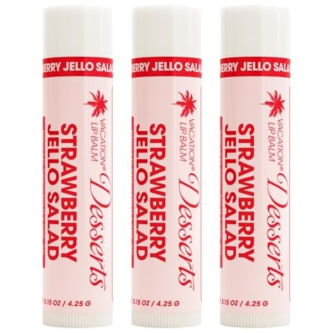 Vacation Strawberry Jello Salad SPF 30 Sunscreen Lip Balm 3-Pack, Lip Balm Made Without Beeswax, Lip Balm with Sunscreen, Lip Balm SPF Set, Lip Sunscreen, Water Resistant, Vegan (Pack of 3) Cover