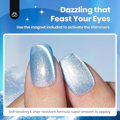 Image of Beetles Blue Cat Eye Gel Polish, 15ML Light Blue Cat Eye Glitter Gel Polish with Magnet Soak Off UV Shimmer Velvet Gel Arctic Aurora Series French Nail Art Design Manicure Gifts for Women