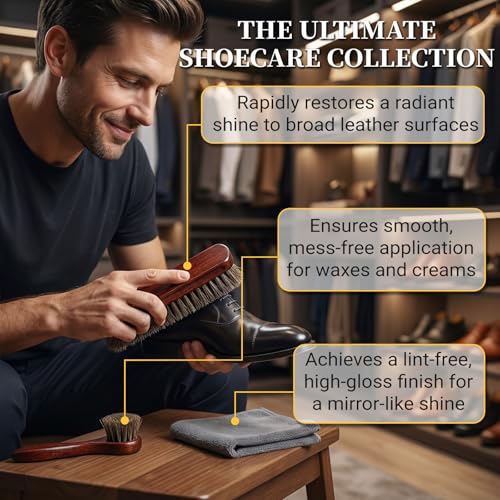 3PCS 100% Horse Hair Shoe Brush Set for Leather Boots Horsehair Brush for Polishing Cleaning Buffing Professional Shoe Shine Kit for Men Suede Boot Care Conditioner Accessories Tool