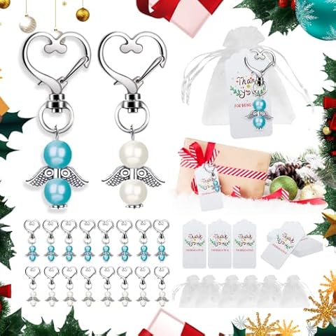 Yuragim Wedding Favours for Guests, 24 Pearl Guardian Angel Keyring + Organza Bag + Kraft Paper Pendant Guest Gift Communion Christening Boy for Wedding Table Decoration Birthday Party Girl Cover