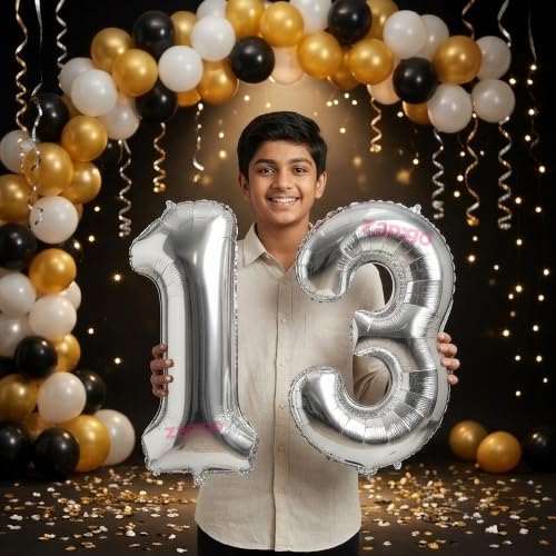 Image of Balloonistics Silver 40-Inch Foil Number 13 Balloon - Fill with Helium or Air for 13th Birthday, Anniversary Party Decoration, Photo Booth Backdrop, Cake Table Decor