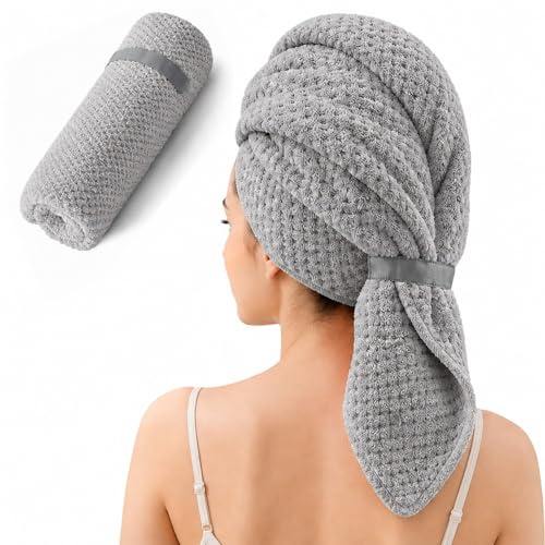 Image of Large Hair Towel Wrap for Women, Quick-Dry Turban, Ultra Absorbent & Anti-Frizz, Ideal for Long, Thick & Curly Hair, Soft Lightweight Microfiber Drying Towel (24x42, Grey)