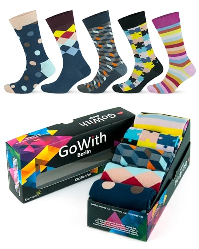 GoWith 5 Pairs Rayon Made From Bamboo Mens Funny Socks Happy Crew Socks Soft Comfortable Thin Breathable Gift Box Assortie M/L 3563