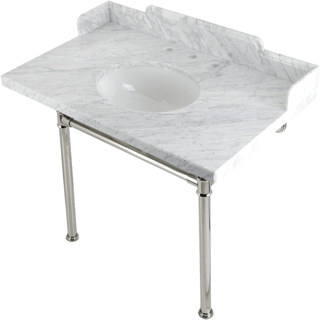 Kingston Brass LMS3622M86ST Wesselman 36" Carrara Marble Console Sink with Stainless Steel Legs, Marble White/Polished Nickel