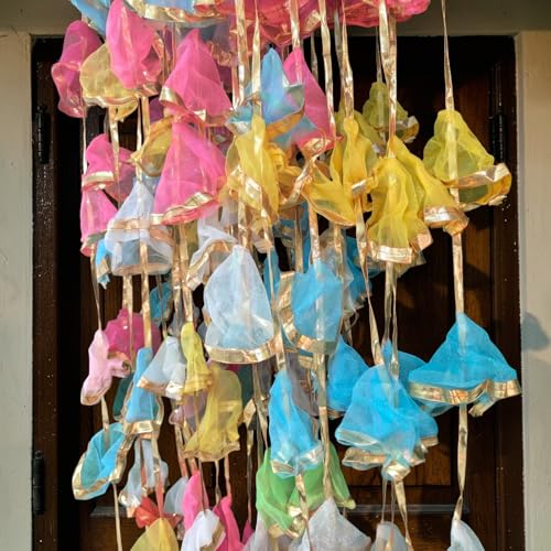 Image of iHandikart Pack of 10 Multicolor Gota Net Hangings (4 Feet) - Traditional Indian Decoration Latkans for Haldi, Mehandi, Wedding Backdrop, Ganesh Chaturthi & Festive Home Decor
