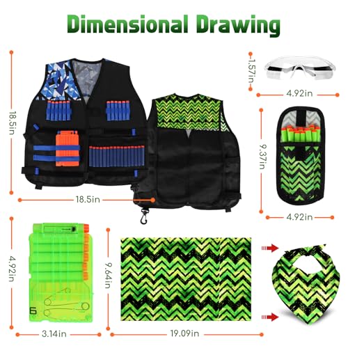 Image of Lehoo Castle 2PACK Kids Tactical Vest Kit for Nerf Guns N-Strike Elite Series for Boys Girls, with 60 Refill Darts, Dart Pouch, Tactical Mask, Reload Clips, Protective Glasses (Blue+Green)