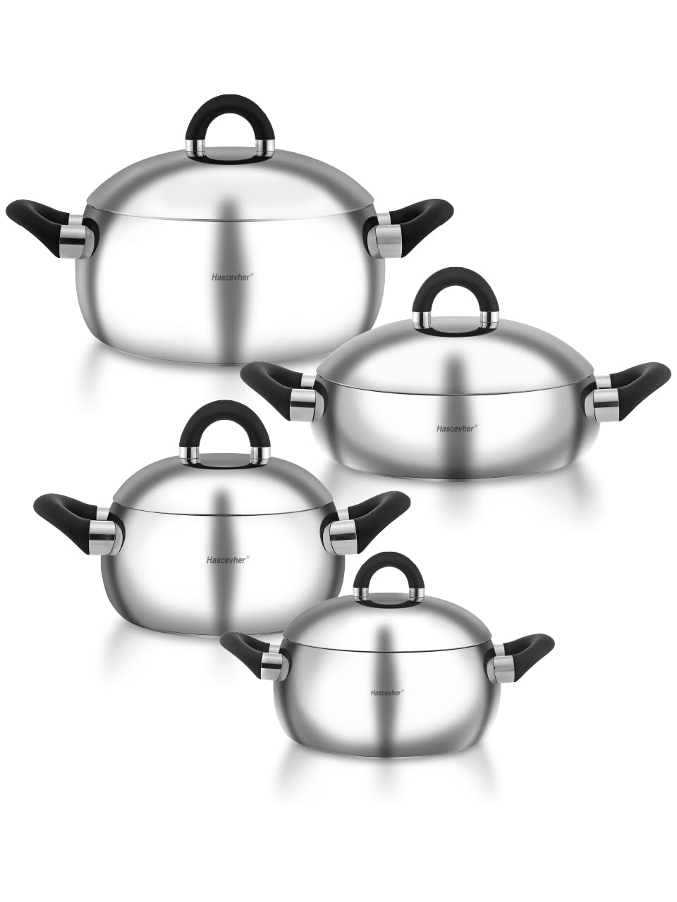 Hascevher Edelstahl Topfset 8-teilig – Kochtopf Set aus 18/10 Edelstahl, Induktion geeignet, Glasdeckel, langlebiges Kochgeschirr für alle Herdarten