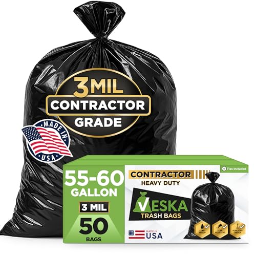 Veska Contractor Garbage Bags 55 Gallon 3 MIL Heavy Duty (MegaValue 50 Bags w/Ties) Contractor Trash Bags 50-60 Gallon 3 Mil Contractor Bag Heavy Duty 55 Gallon Extra Large Industrial Contractor