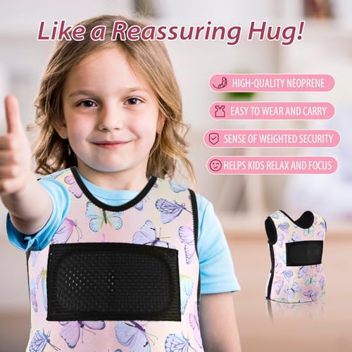 Image of Janmercy Weighted Vest for Kids Ages 2 to 9 Adjustable Neoprene Compression Vest Removable Weights Breathable Comfort Toddler(Butterfly,Small,Pink)