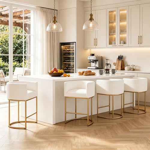 Image of 26 inch Counter Height Bar Stools Set of 4, Faux Leather Upholstered Barrel Chairs with Back and Arms, Metal Frame Kitchen Island Stools with Footrest, Cream-Gold Frame