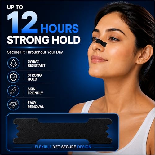 Image of Atovio BreatheX Nasal Strips for Snoring & Congestion Relief | CDSCO Licensed | Extra Strength Drug-Free Nasal Dilator | Sweat-Proof Adhesive | Instant Airflow for Sleep & Sports (Black, 20 Strips)