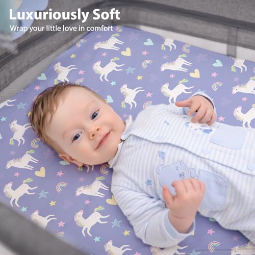 Image of Baby Bedside Bassinet Sheets Fitted Girl, 33 inchx20 inch Compatible with Baby Delight Dream On Me & Most Rectangle Bedside Sleeper Bassinet Mattresses, Super Soft Microfiber Pink Purple Rainbow