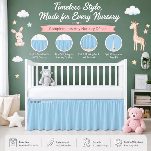 Image of Cotton Crib Bed Skirt Dust Ruffle with Split Corners, 14 inch Drop, Light Blue | Nursery Standard Crib Bedding Bed Skirt for Baby Boys and Baby Girls. Hides Under-Crib Storage for a Neat Appearance