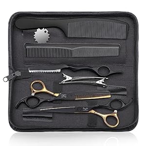 JASON Hair Cutting Scissors Kit – Professional 10 PCS Haircut Scissors Set with 6.5″ Thinning/Texturizing Scissors, Straight Shears for Men Women Home Salon Barber (30 Teeth, Black & Gold)