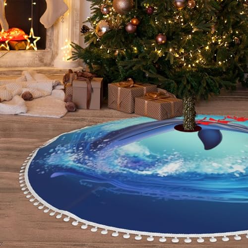 Jupe de sapin de Noël rustique motif dauphin avec bordure à pompons 122cm
