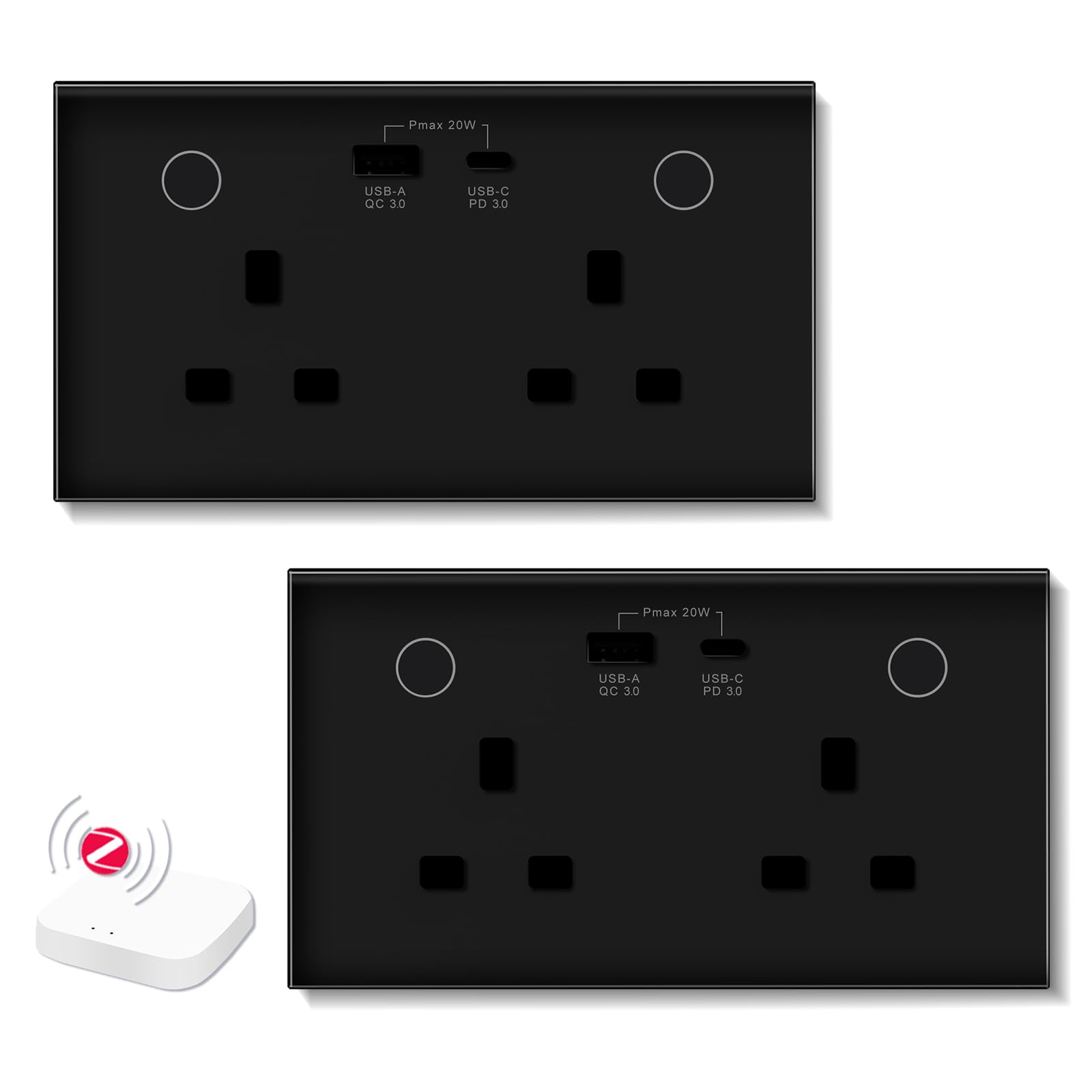 BSEED ZigBee Socket 2Gang with USB and Type C Compatible with Alexa and Google Home, Metered Socket With APP Remote Control with Smart Life, Smart Timer Outlet 16A Black（Gateway Hub Needed), 2 Pack