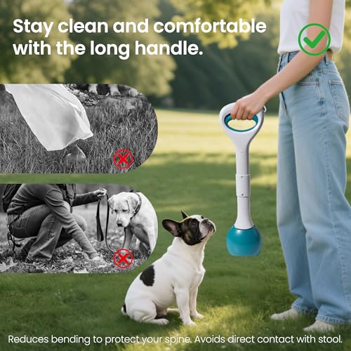 Image of Dog Pooper Scooper Portable with Bag Attachment, One Handed Foldable Design, Includes 120 Waste Bags and Dispenser, 19 Inch Handle for Grass Yard Gravel Cleanup (Green)