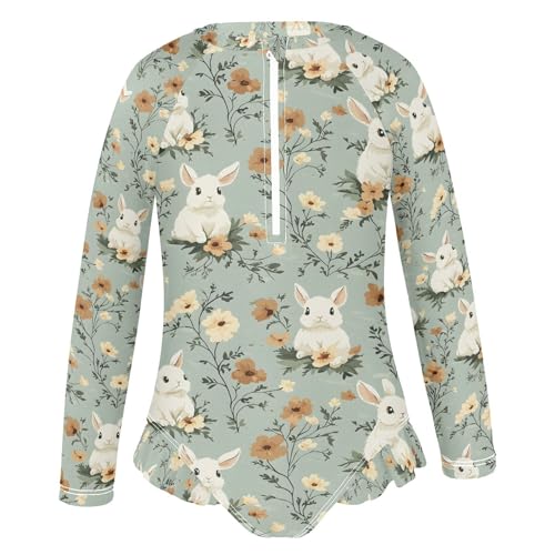 ALAZA Cute Bunny Rabbit Flower Blossom Girls One Piece Swimsuit Long Sleeve Rash Guard Swimsuits UV 50+ Swimwear Zipper2
