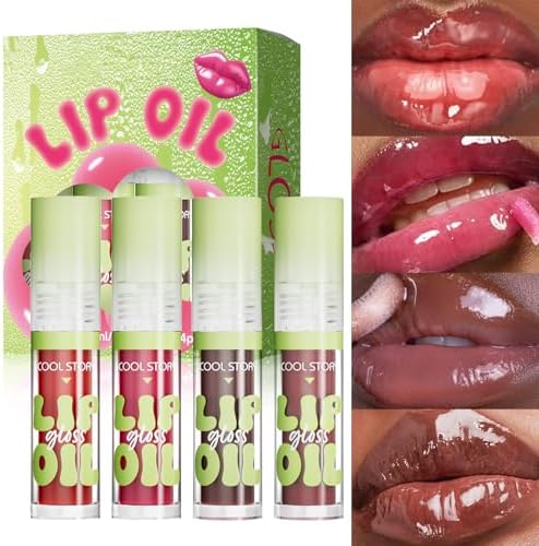 KIMIEYE 4 Pack Hydrating Glow Lip Oil Makeup Set for Women, Moisturizing Lip Gloss with Glow Finish, Long Lasting Nourishing Lip Care Fat Oil Lip Drip, Sweet Candy Scent (SET B, DARK)