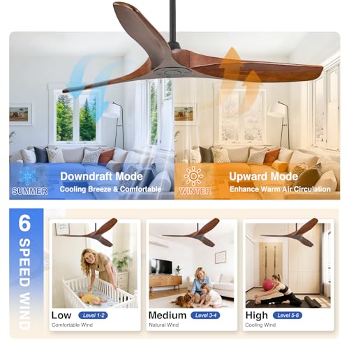 52 Inch Ceiling Fan No Light, 3-Blade Walnut Wood Ceiling Fan with Remote - image 5