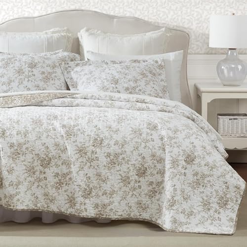 Image of Laura Ashley - King Quilt Set, Reversible Floral Cotton Bedding with Matching Shams, Medium Weight for Year Round Use, Oek-Tex Certified (Walled Garden Brown)