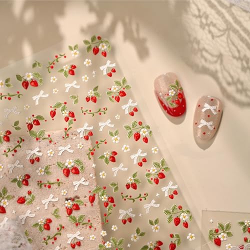 Image of Strawberry Nail Stickers Bow Nail Art Stickers with Jelly Design Cute Nail Decals for Nails Art 5D Embossed Spring Summer Self Adhesive Nails Charms Supply for Women Manicure DIY Decoration 1 Sheets