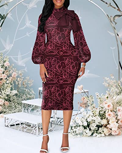 Image of Sexy Long Sleeve Dress for Women Solid Color Bow Knot Turtleneck Formal Gown Midi Casual Church Dresses