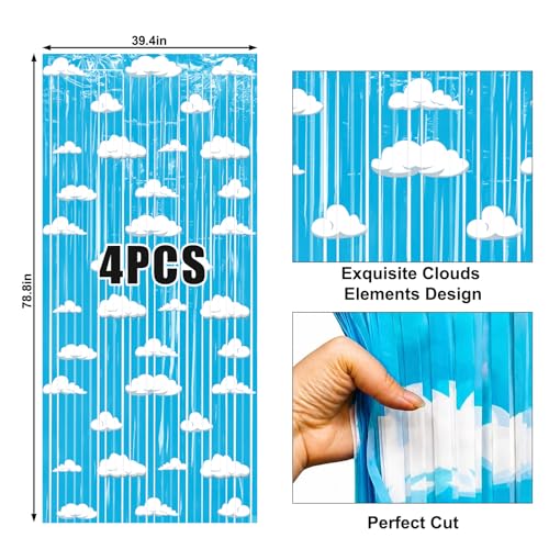 Image of 4 Packs Blue Sky Foil Fringe Curtain, White Clouds Metallic Tinsel Backdrop for Kids Toy Birthday Baby Shower Cartoon Story Party Decorations Supplies