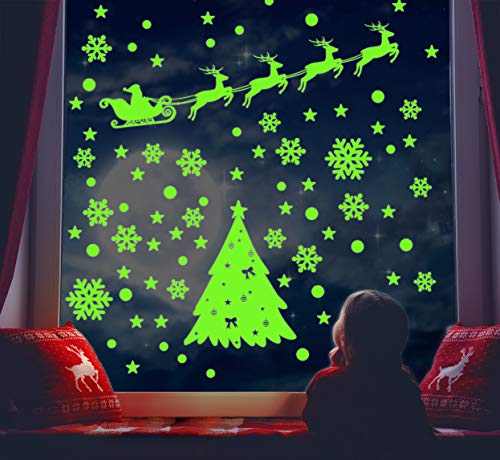 Christmas Wall Stickers Glow in The Dark Snowflake Decals Reindeer Santa Claus Stars 162pcs Stickers for Holiday Celebration Merry Christmas Decorations Winter Frozen Theme Party Snow Xmas Home Decor