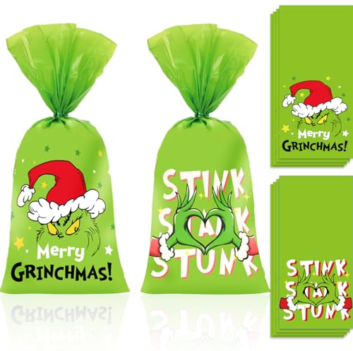 Apotheosis Watch & Learn 100 Pack Christmas Green Cellophane Treat Bags – 10.8 x 5 Inch Plastic Candy Gift Bags with Twist Ties for Christmas, Birthday, Party Favors, Snacks, Cookies & Holiday Treats