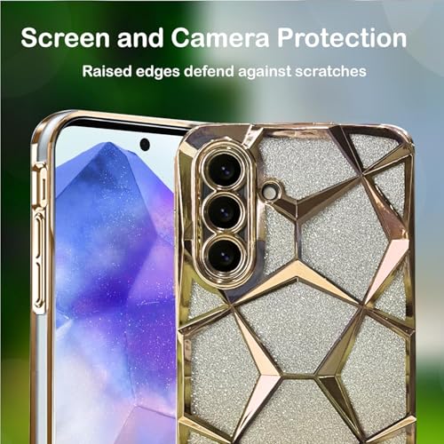 Image of VONZEE Gradient Glitter Case for Samsung A26, Luxury Electroplated 3D Cube, Diamond Bling Shiny Soft TPU Clear Shockproof Women Girls Protective Phone Cover (Gold)