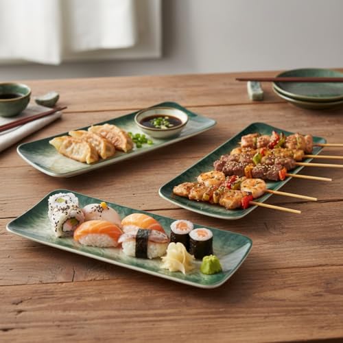 Image of Beyond Homes Ceramic Sushi & Dimsum Tray Set of 3, 12 Inch | Long Rectangular Tray for Serving | Microwave & Dishwasher Safe | Ceramic Serving Platters for Dessert, Snacks and Momos (Green)