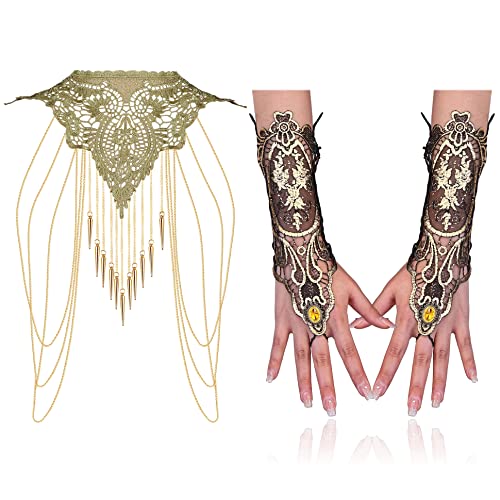 Yadoca Gold Body Chain Fingerless Gloves For Women Layered Lace Body Chains Necklace Jewelry Steampunk Lace Wristbands For Bikini Performance Halloween #TOP12