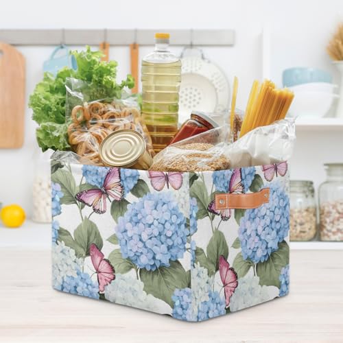 Image of Blue Hydrangea Flowers Storage Baskets for Organizing, Fabric Collapsible Storage Bins Box Pink Butterfly Decorative Toy Organizer Baskets for Closet Shelves Gift Basket 1 Pc