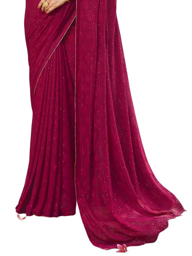 Satrani Women's Georgette Stone Work & Jacquard Saree With Unstitched Blouse Piece (3333S327N_Dark Pink)